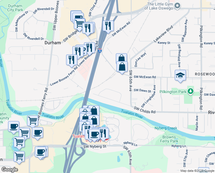 map of restaurants, bars, coffee shops, grocery stores, and more near 7130 Southwest Montauk Circle in Lake Oswego