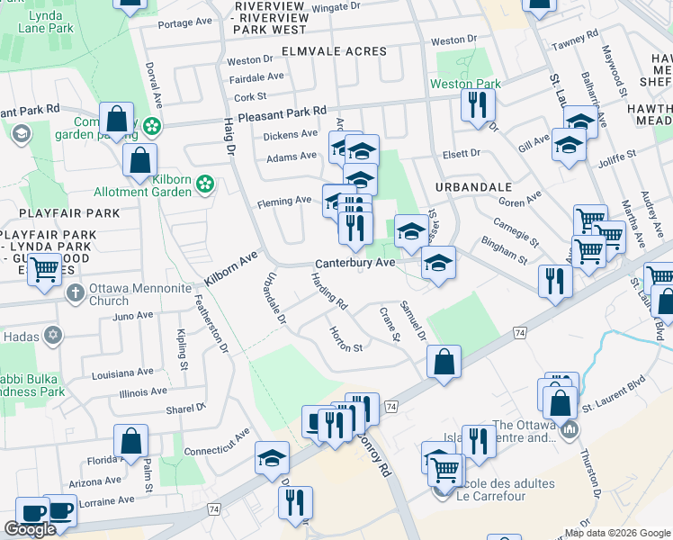 map of restaurants, bars, coffee shops, grocery stores, and more near 810 Canterbury Avenue in Ottawa