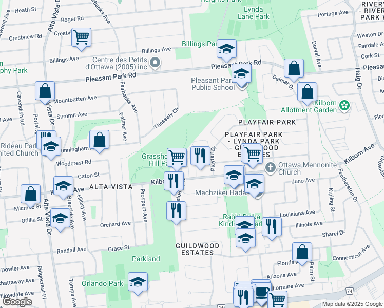 map of restaurants, bars, coffee shops, grocery stores, and more near 1695 Playfair Drive in Ottawa