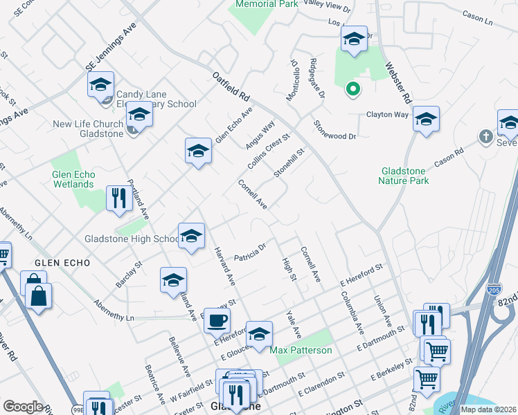 map of restaurants, bars, coffee shops, grocery stores, and more near 1460 Cornell Avenue in Gladstone