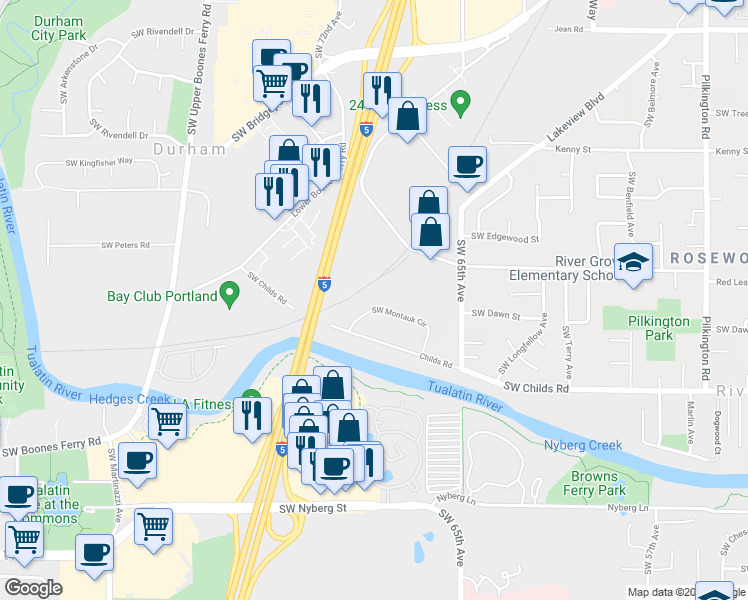 map of restaurants, bars, coffee shops, grocery stores, and more near 7124 Southwest Montauk Circle in Lake Oswego