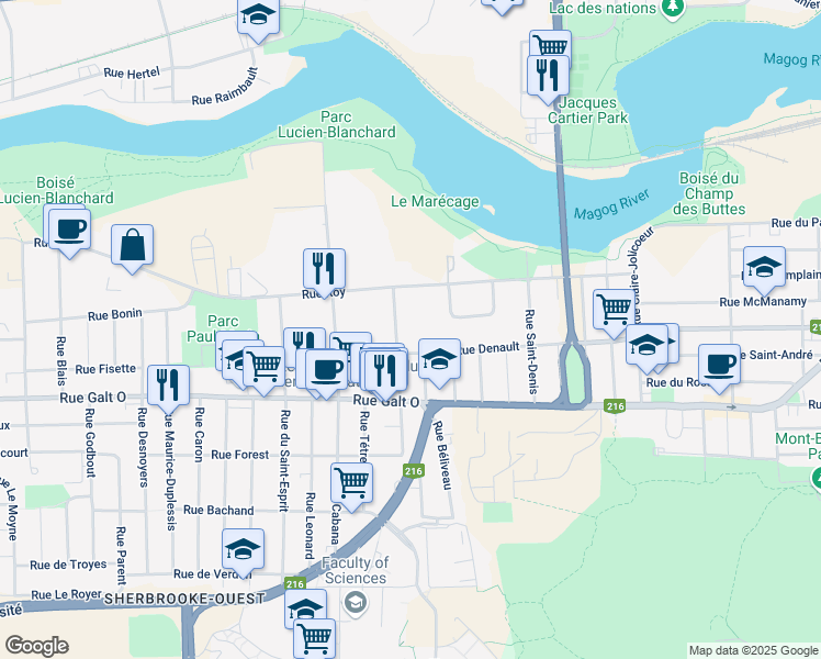 map of restaurants, bars, coffee shops, grocery stores, and more near 1120 Rue de Cherbourg in Sherbrooke