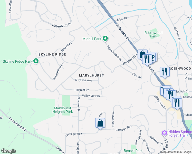 map of restaurants, bars, coffee shops, grocery stores, and more near 2665 Hillcrest Drive in West Linn