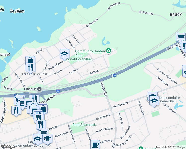 map of restaurants, bars, coffee shops, grocery stores, and more near 196 Boulevard 6e in Montérégie