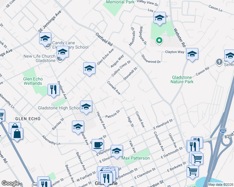 map of restaurants, bars, coffee shops, grocery stores, and more near 1460 Cornell Avenue in Gladstone