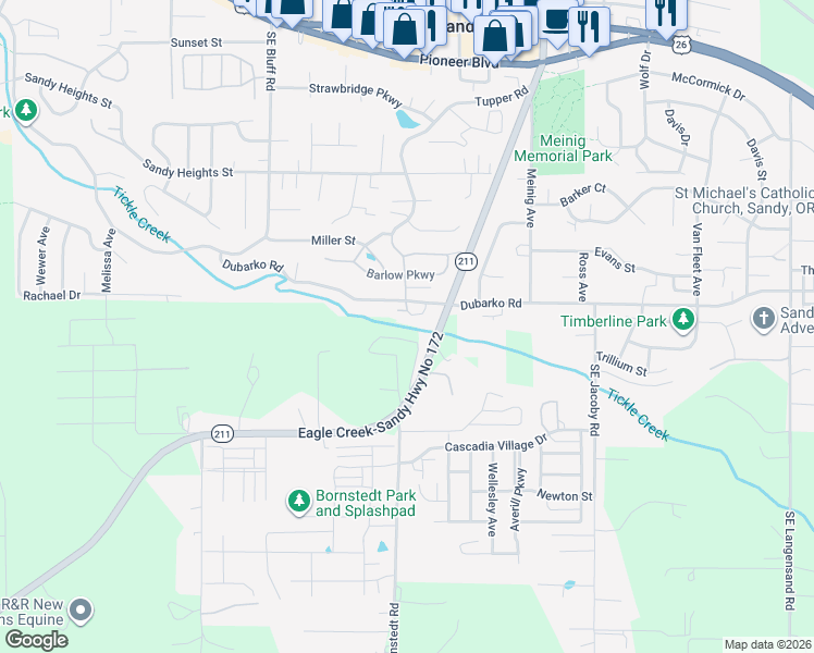 map of restaurants, bars, coffee shops, grocery stores, and more near 38631 Oregon 211 in Sandy