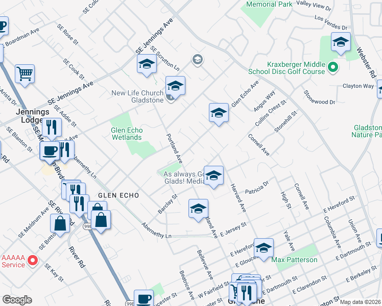 map of restaurants, bars, coffee shops, grocery stores, and more near in Gladstone