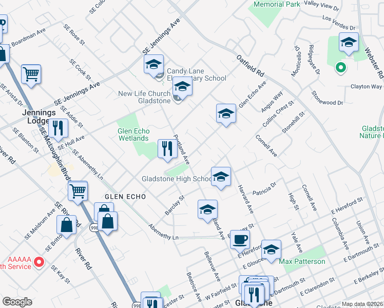 map of restaurants, bars, coffee shops, grocery stores, and more near 6135 Glen Echo Avenue in Gladstone