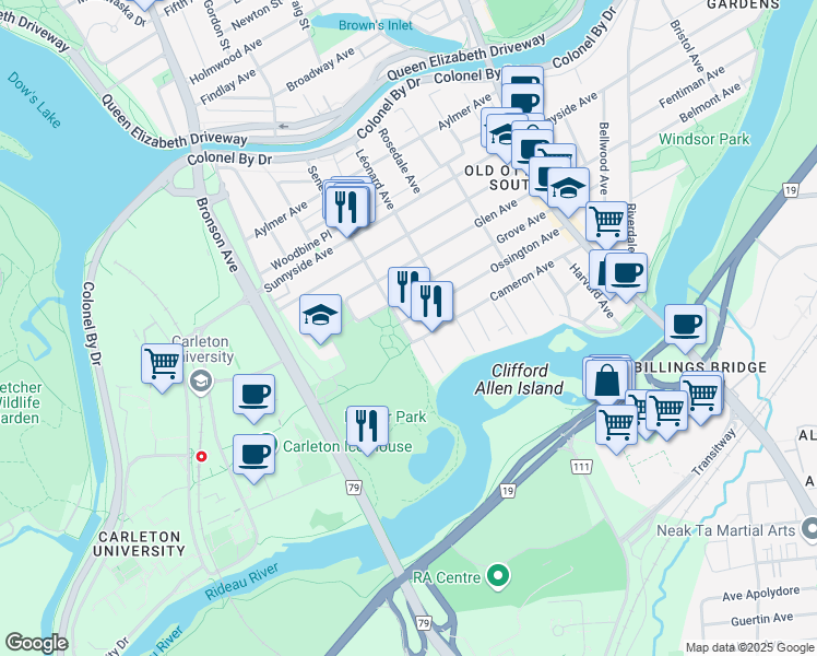 map of restaurants, bars, coffee shops, grocery stores, and more near 101 Seneca Street in Ottawa