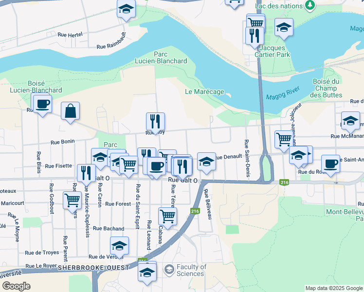 map of restaurants, bars, coffee shops, grocery stores, and more near 1125 Rue de Cherbourg in Sherbrooke