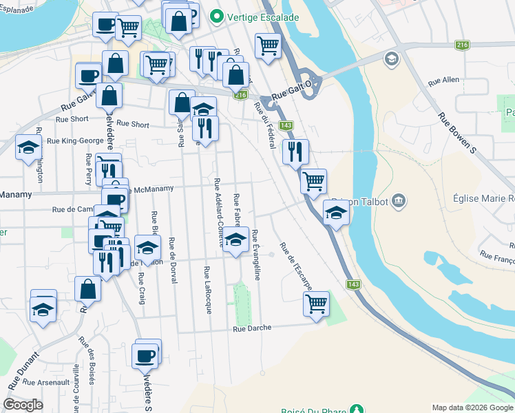map of restaurants, bars, coffee shops, grocery stores, and more near 1156 Rue Évangéline in Sherbrooke
