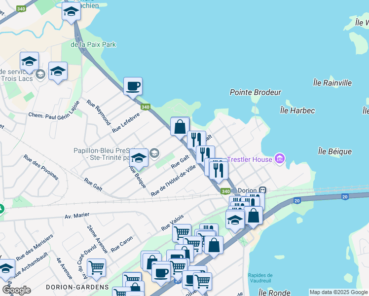 map of restaurants, bars, coffee shops, grocery stores, and more near 134 Rue des Loisirs in Vaudreuil-Dorion