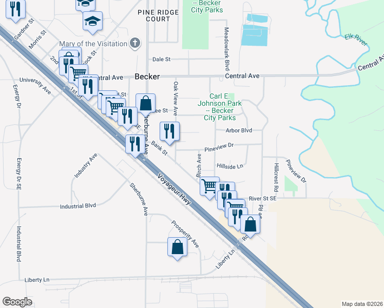 map of restaurants, bars, coffee shops, grocery stores, and more near 14126 Bank Street in Becker