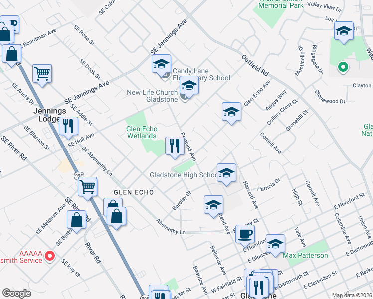 map of restaurants, bars, coffee shops, grocery stores, and more near 18309 Portland Avenue in Gladstone