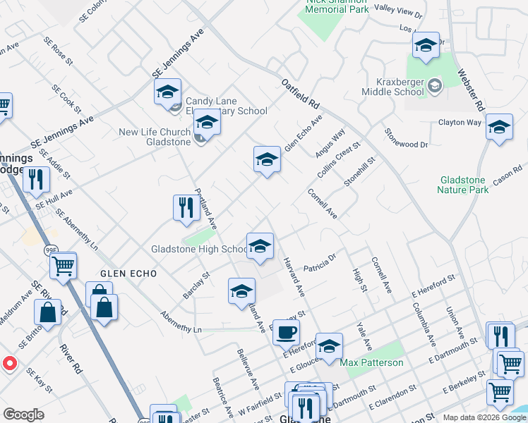 map of restaurants, bars, coffee shops, grocery stores, and more near 1635 Harvard Avenue in Gladstone