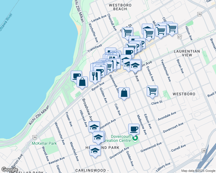 map of restaurants, bars, coffee shops, grocery stores, and more near in Ottawa