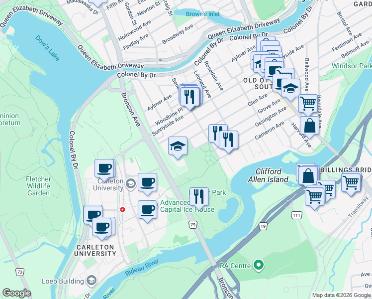map of restaurants, bars, coffee shops, grocery stores, and more near 151 Brewer Way in Ottawa