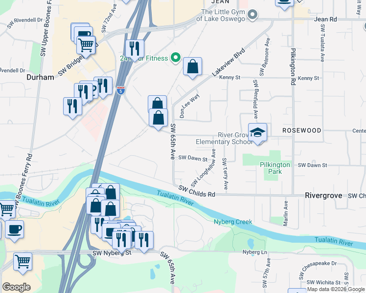map of restaurants, bars, coffee shops, grocery stores, and more near 6472 Southwest Dawn Street in Lake Oswego