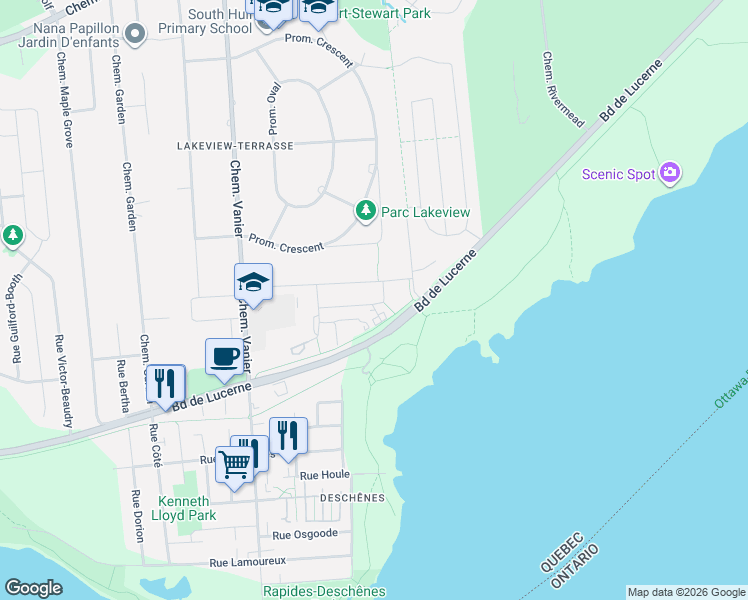 map of restaurants, bars, coffee shops, grocery stores, and more near 103 Rue du Pavillon in Gatineau
