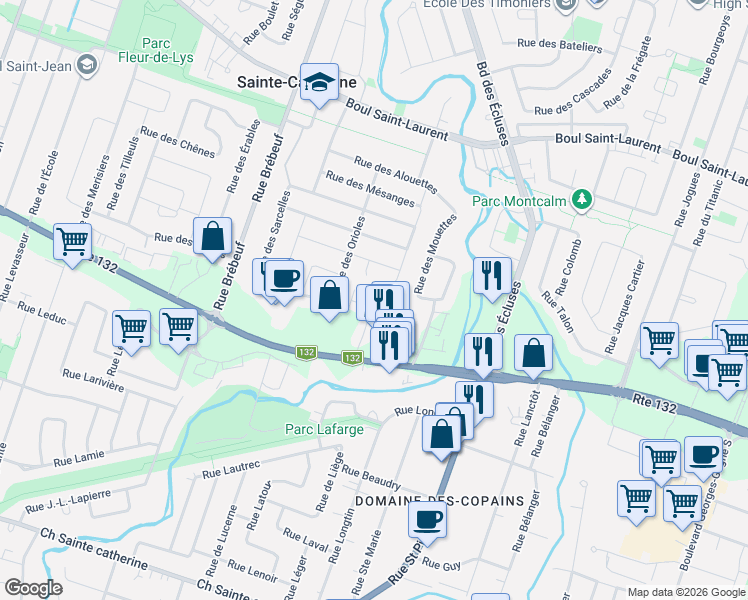 map of restaurants, bars, coffee shops, grocery stores, and more near 4480 Place du Grand-Duc in Sainte-Catherine
