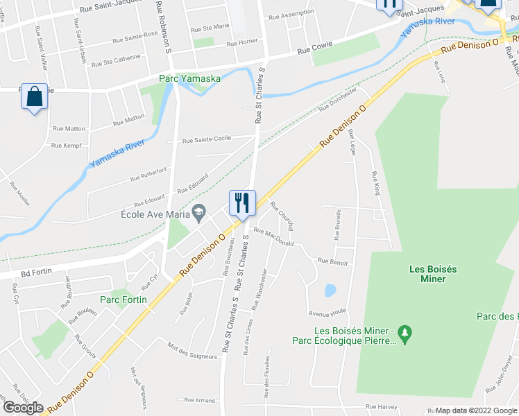 map of restaurants, bars, coffee shops, grocery stores, and more near 342 Rue Denison Ouest in Granby
