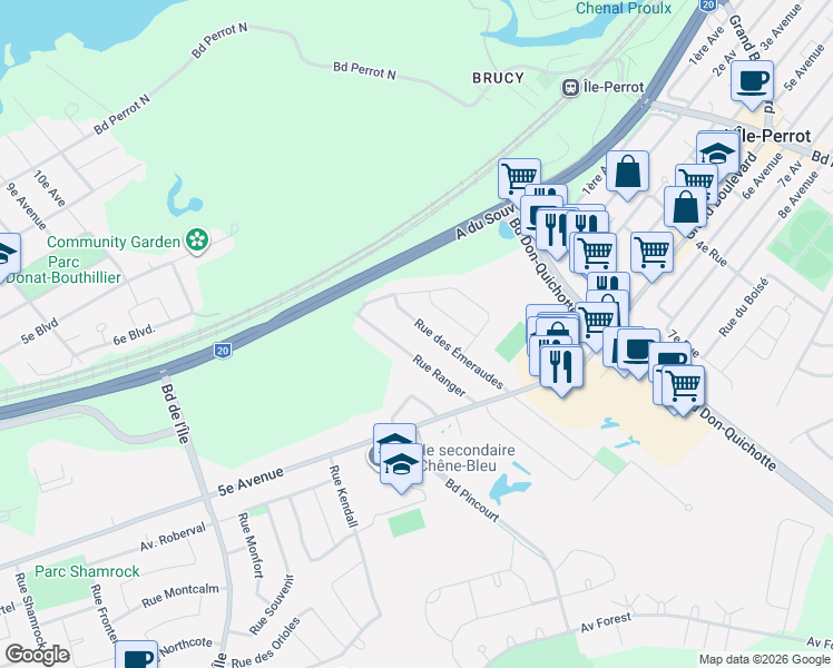 map of restaurants, bars, coffee shops, grocery stores, and more near 86 Rue des Émeraudes in L'Île-Perrot