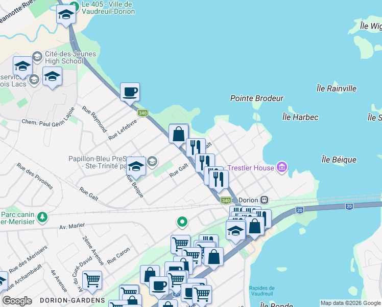 map of restaurants, bars, coffee shops, grocery stores, and more near 223 Avenue Saint-Charles in Vaudreuil-Dorion