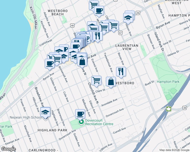 map of restaurants, bars, coffee shops, grocery stores, and more near 493 Highcroft Avenue in Ottawa