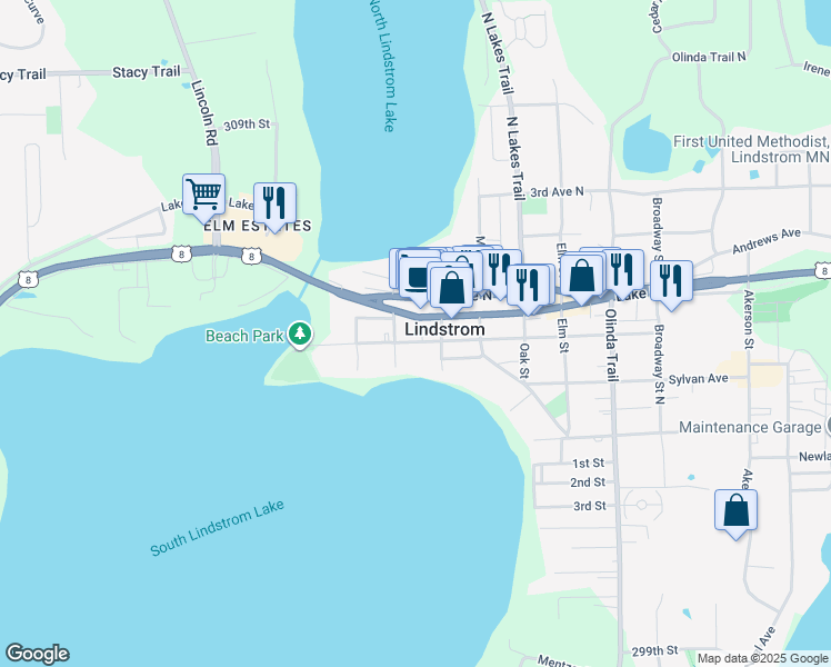 map of restaurants, bars, coffee shops, grocery stores, and more near 12710 Newell Avenue in Lindstrom