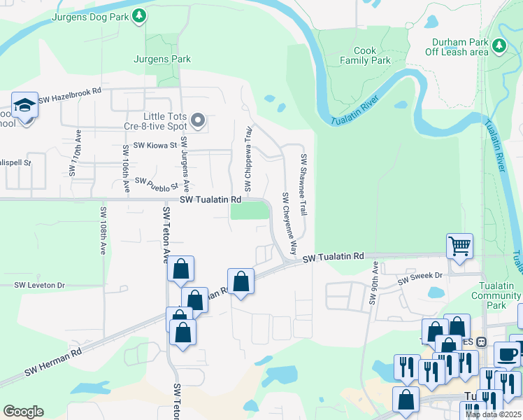 map of restaurants, bars, coffee shops, grocery stores, and more near 9778 Southwest Tualatin Road in Tualatin