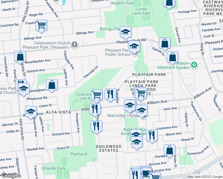 map of restaurants, bars, coffee shops, grocery stores, and more near 1719 Rhodes Crescent in Ottawa