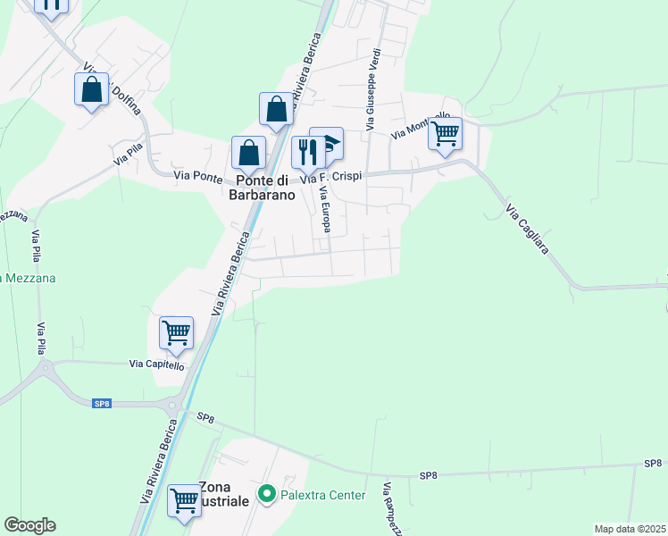 map of restaurants, bars, coffee shops, grocery stores, and more near 58 Via Alcide De Gasperi in Ponte di Barbarano