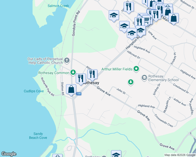 map of restaurants, bars, coffee shops, grocery stores, and more near 30 Hampton Road in Rothesay