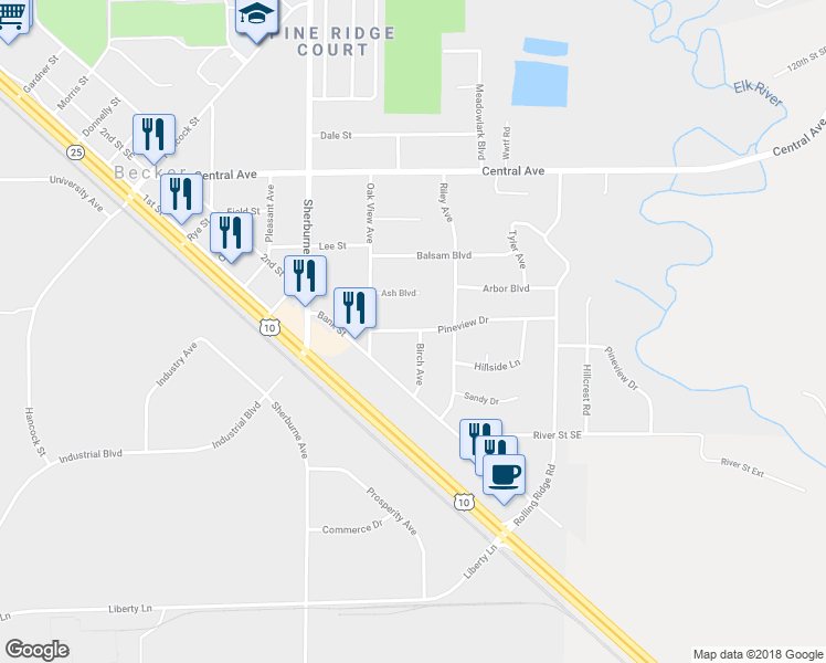 map of restaurants, bars, coffee shops, grocery stores, and more near 14184 Pineview Drive in Becker