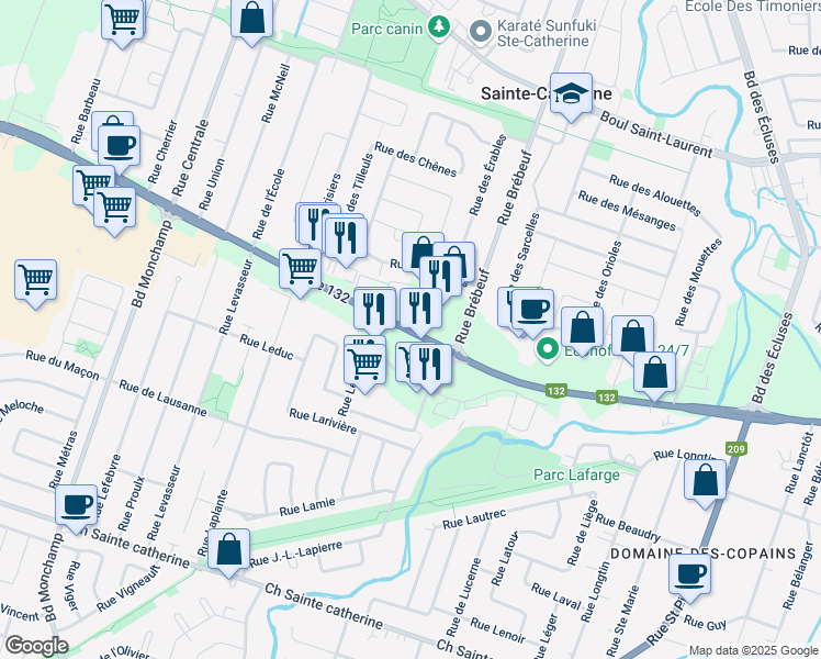 map of restaurants, bars, coffee shops, grocery stores, and more near 4810 Québec 132 in Sainte-Catherine