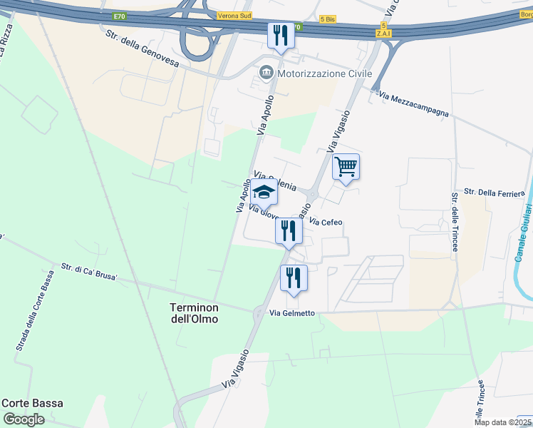 map of restaurants, bars, coffee shops, grocery stores, and more near Via Giove in Verona