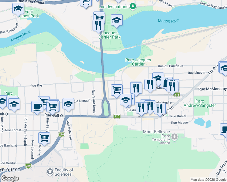 map of restaurants, bars, coffee shops, grocery stores, and more near 1103 Rue Sainte-Thérèse in Sherbrooke