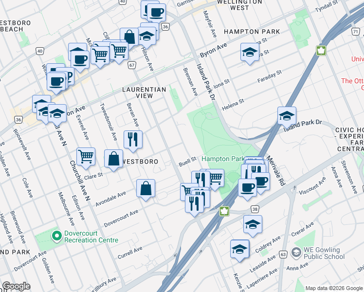map of restaurants, bars, coffee shops, grocery stores, and more near 140 Clare Street in Ottawa