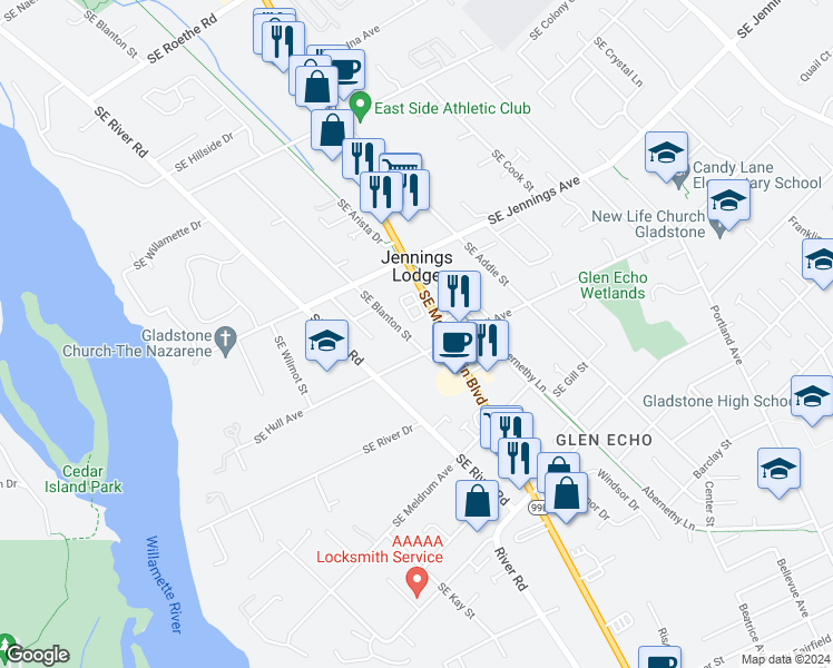 map of restaurants, bars, coffee shops, grocery stores, and more near 18510 Southeast Blanton Street in Milwaukie