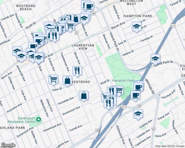 map of restaurants, bars, coffee shops, grocery stores, and more near 548 Kirkwood Avenue in Ottawa