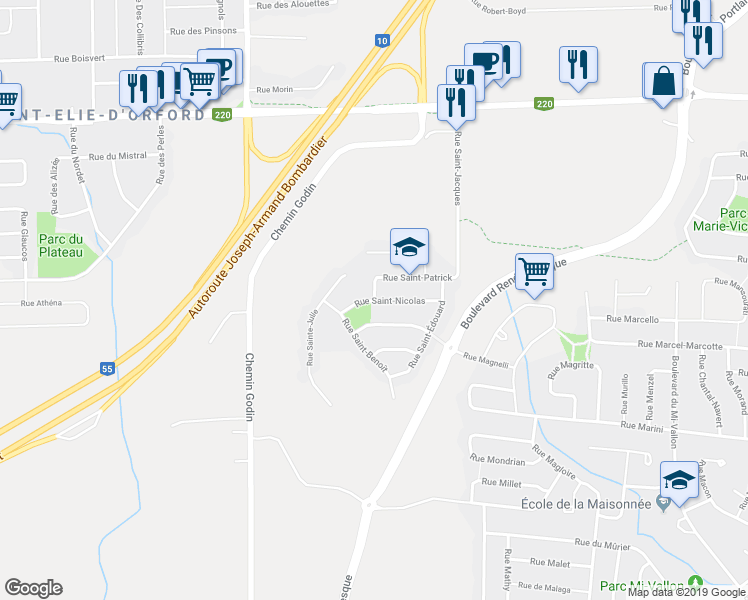 map of restaurants, bars, coffee shops, grocery stores, and more near Rue Saint-Nicolas in Sherbrooke