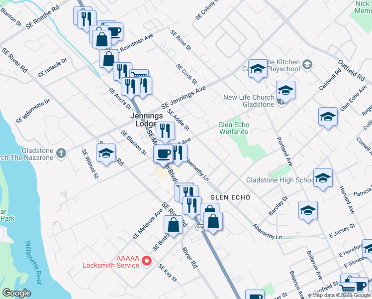 map of restaurants, bars, coffee shops, grocery stores, and more near 5240 Southeast Hull Avenue in Milwaukie