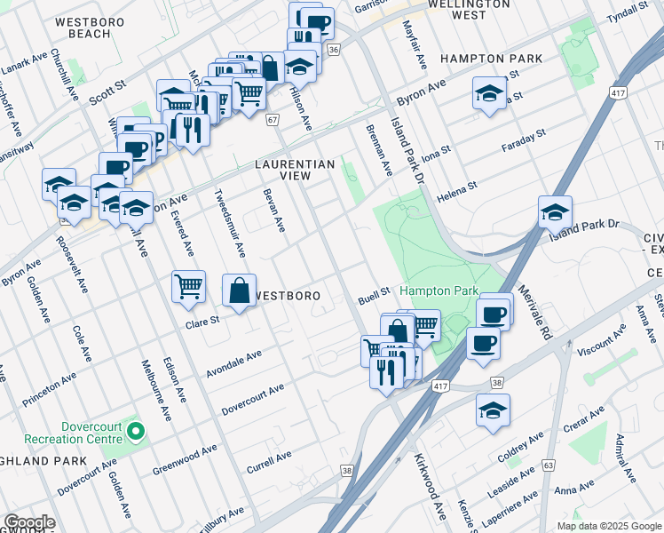 map of restaurants, bars, coffee shops, grocery stores, and more near in Ottawa