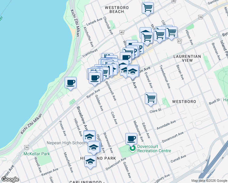 map of restaurants, bars, coffee shops, grocery stores, and more near in Ottawa