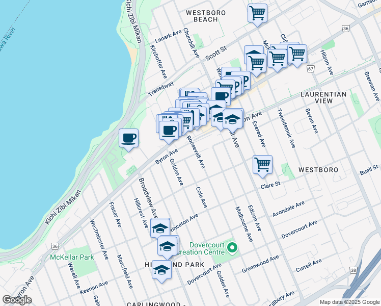 map of restaurants, bars, coffee shops, grocery stores, and more near in Ottawa