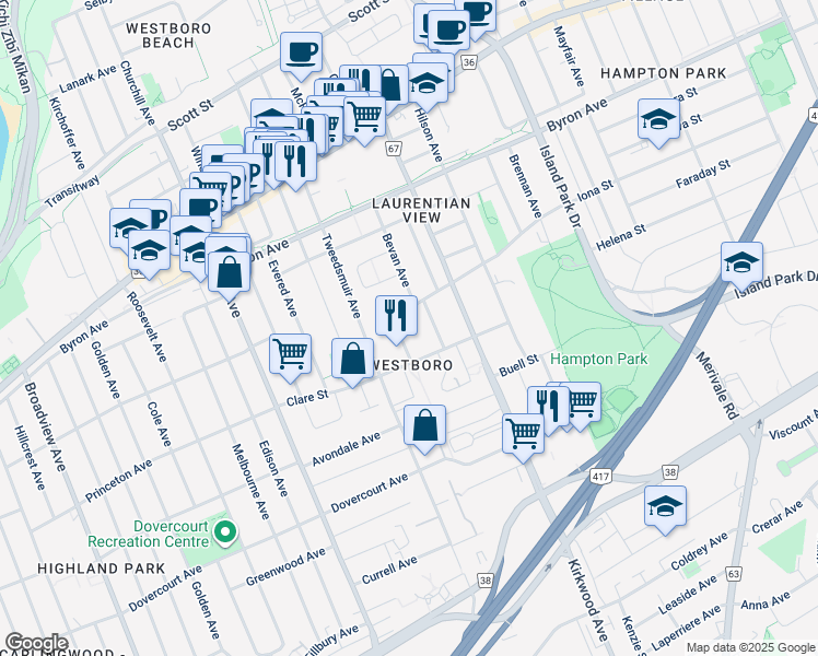 map of restaurants, bars, coffee shops, grocery stores, and more near in Ottawa