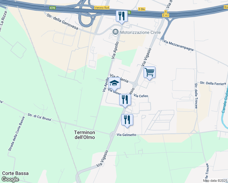 map of restaurants, bars, coffee shops, grocery stores, and more near Via Giove in Verona