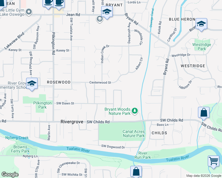 map of restaurants, bars, coffee shops, grocery stores, and more near 4940 Centerwood Street in Lake Oswego