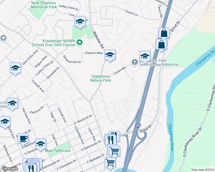 map of restaurants, bars, coffee shops, grocery stores, and more near 8330 Cason Road in Gladstone