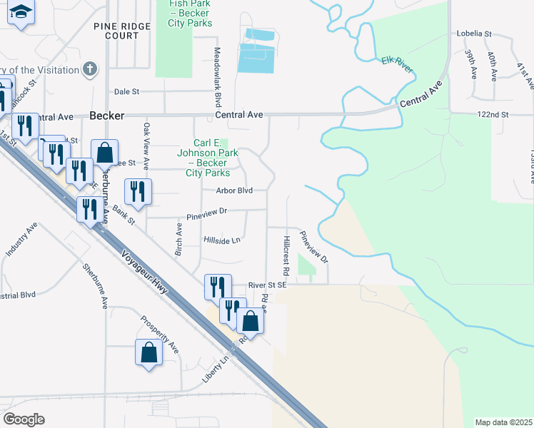 map of restaurants, bars, coffee shops, grocery stores, and more near 12697 Rolling Ridge Road in Becker